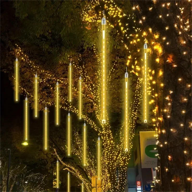 Description Picture 6 of item1/2/3/4 Set LED Meteor Shower Lights Falling Rain Fairy String Lights Christmas Holiday Snow Falling Icicle Cascading Lighting