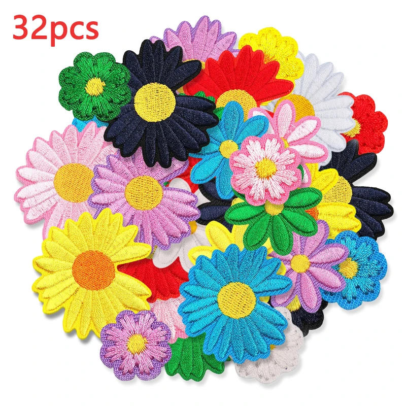 Description Picture 2 of item32pcs Daisy Iron On Patches Lot For Clothes Small Flower Stripe Fabric Sew Designer Bulk Mix Pack Embroidery Cute Thermoadhesive