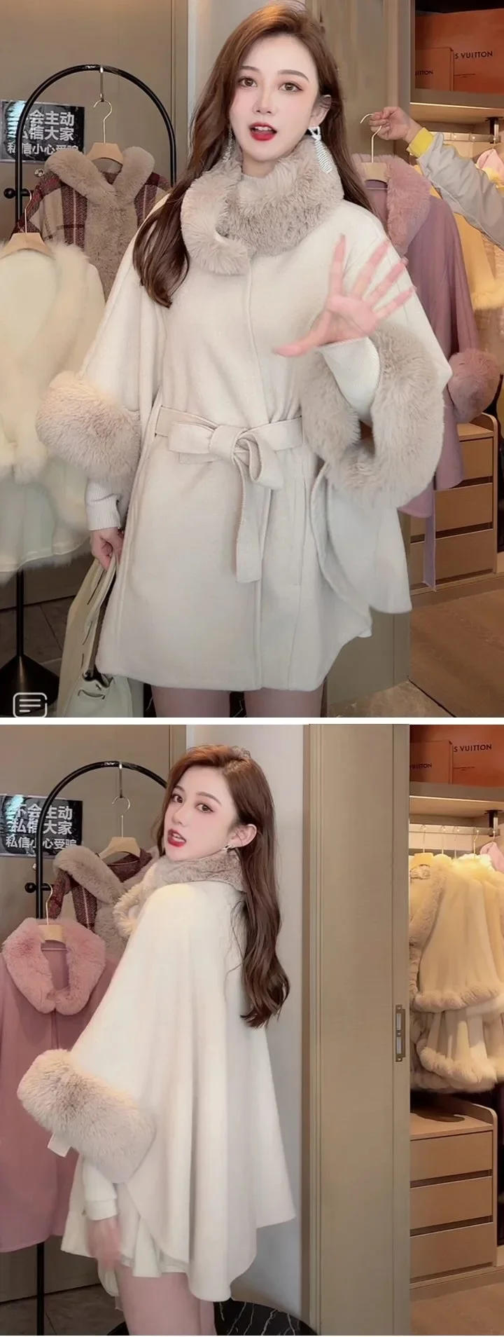 Description Picture 3 of item8 Colors Winter Streetwear Women Fake Woolen Big Pendulum Long Poncho Cloak Faux Rabbit Collar Fur Loose Oversize Coat With Belt