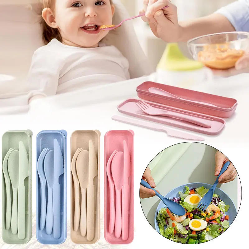 Description Picture 4 of item3In1 Wheat Straw Dinnerware Set Portable Reusable Cutlery Sets Knife Fork Spoon Chopsticks Travel Utensil Box Camping Tableware