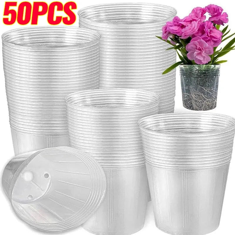 Description Picture 4 of item10/50pcs Transparent Nursery Pots with Drainage Hole Seed Starting Pot Flower Plant Container Gardening Planting Nutrition Cups