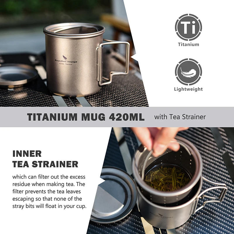 Description Picture 5 of itemBoundless Voyage Camping Titanium Cup Portable Outdoor Mug with Filter Ultralight Camping Picnic Water Coffee Cup 420ml