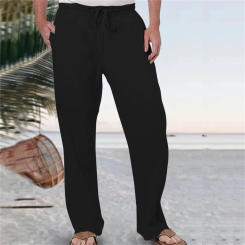 Mens Fashion Casual Solid Color Try Breathable Cotton And Linen Pocket Elastic Waist Large Size Pants Trousers with 6