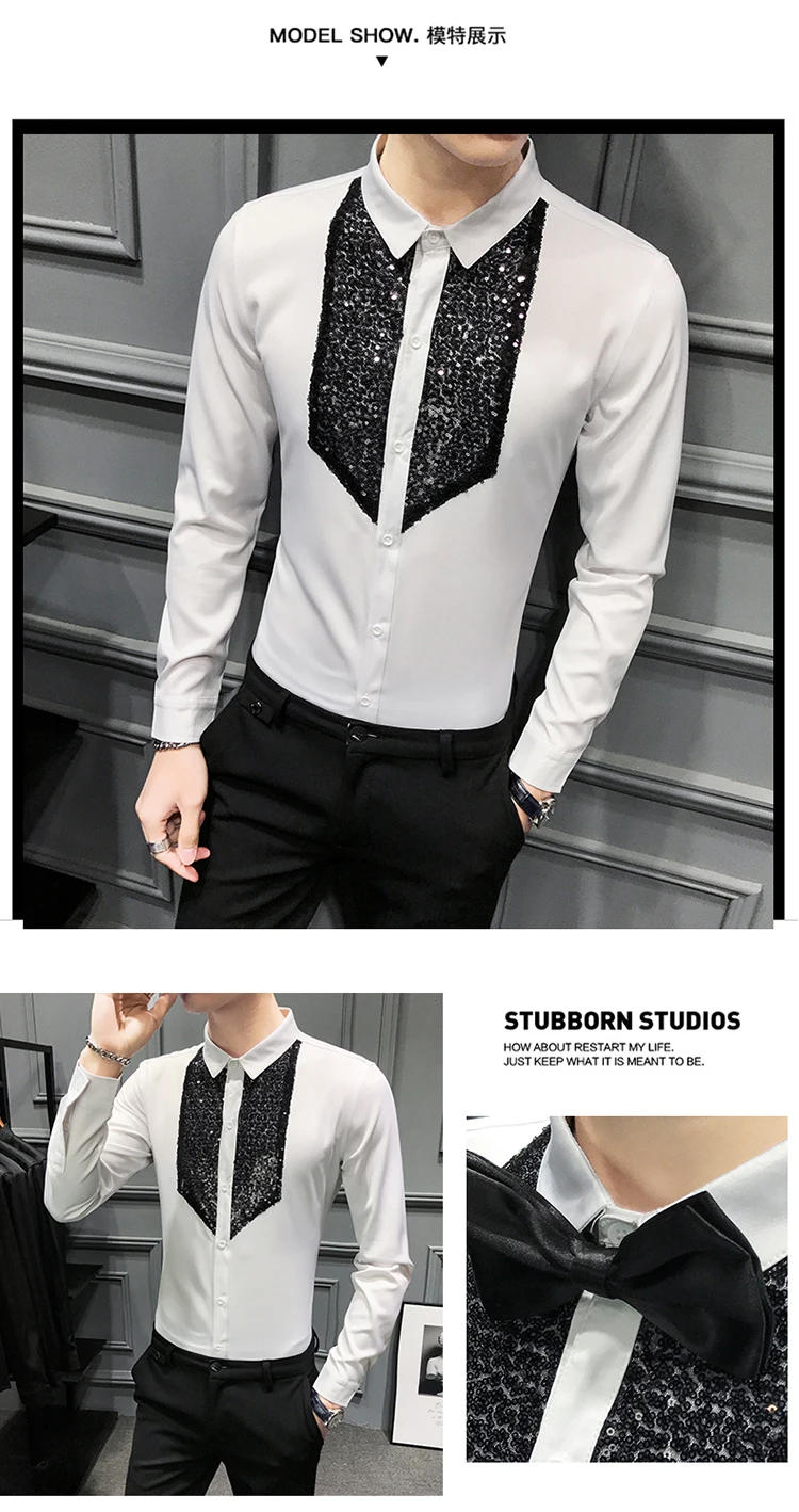 Description Picture 4 of itemMen Long Sleeve Sequins Tuxedo Shirts Camisa Masculina Black White Casual Slim Fit  Dress Shirts Streetwear Men Social Tops