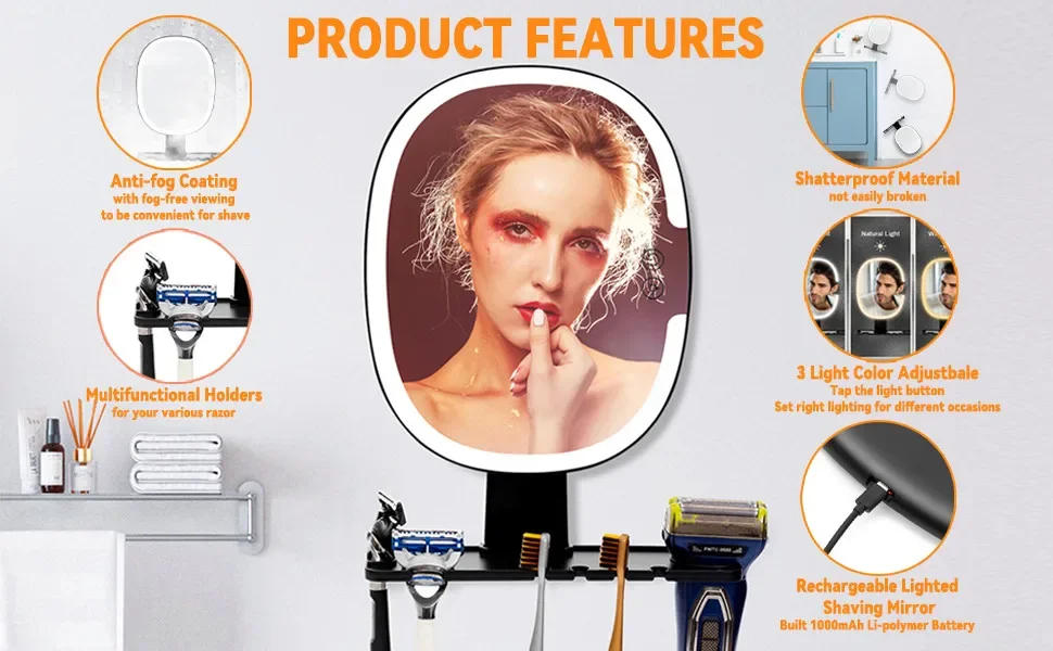 Description Picture 5 of itemWall mounted Bathroom Mirror LED Shaving Mirror with Razor Holder Illuminated Fogless Shower Bath Accessories 3Colors Adjustable