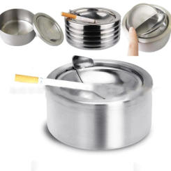 1pc Cigarette Lidded Ashtray Stainless Steel Silver Windproof Ashtray With Lid Round Shape Smoking Ash Tray