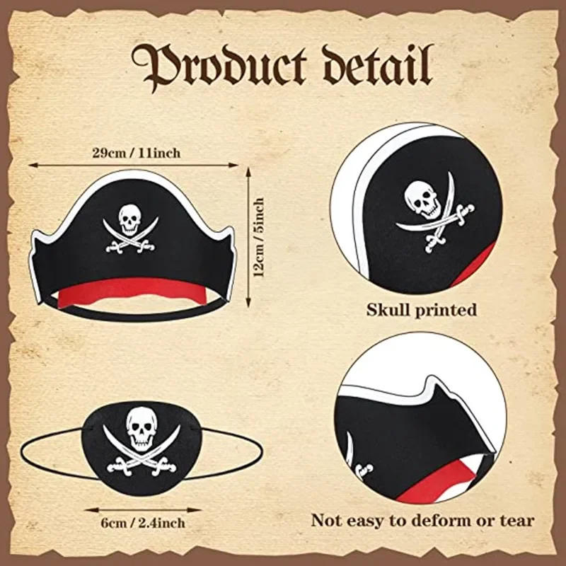 Description Picture 3 of item12 PCS Pirate Hat One-Eye Sticker Skull Pattern Halloween Captain Pirate Costume Cartoon Children Birthday Party Decoration