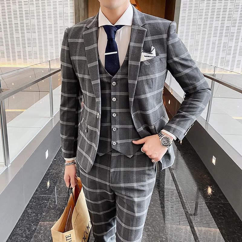 Description Picture 3 of itemTraje De Hombre Elegante (Blazer+vest+pants) Men's Fashion Business Korean Slim-fit Wedding Professional Plaid Elegant Man Suit