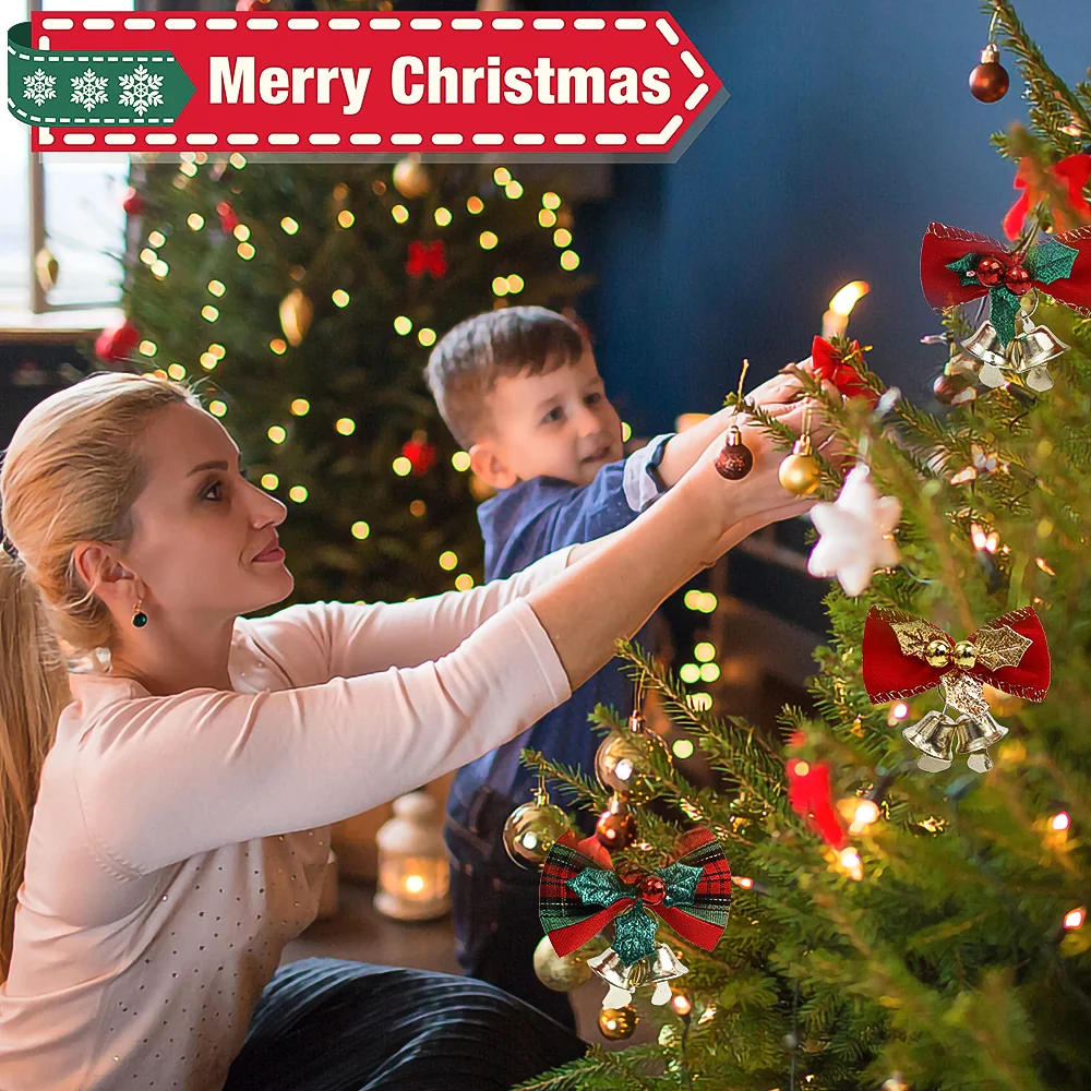 Description Picture 3 of item1/100PCS Mini Bowknot Jingle Bell Christmas Trees Hanging Pendant Small Bow with Bell Ornament Party Gifts New Year Decorations