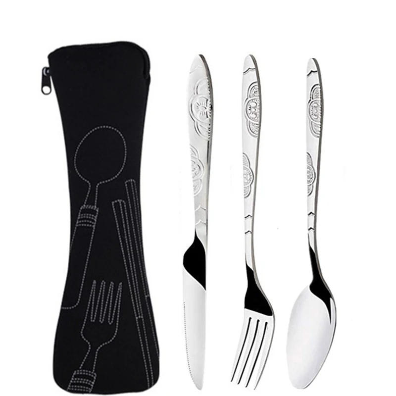 Description Picture 5 of item3Pcs/4Pcs/7Pcs Set Dinnerware Portable Printed Knifes Fork Spoon Stainless Steel Family Camping Steak Cutlery Tableware with Bag