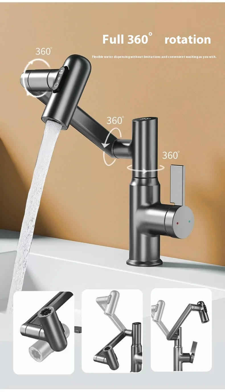 Description Picture 5 of itemRotatable Brass Bathroom Faucet Temperature Display 3 Water Modes Luxury Sink Hot and Cold Water Tap Sink Bath Mixer Accessories