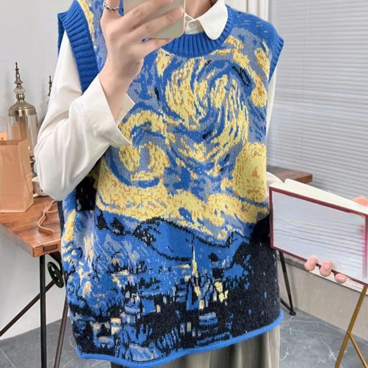 Description Picture 2 of itemFashion Vintage Pullovers for Women Jacquard Sleeveless Design Aesthetics Sweater Vest Loose Autumn Winter Lazy Style Clothing