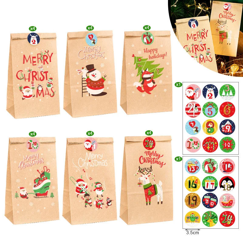 Description Picture 6 of itemChristmas Gift Bags Kraft Paper Bag Candy Cookie Packaging Pocket Xmas Advent Calendar Digital Sticker Packing Supplies 24pcs