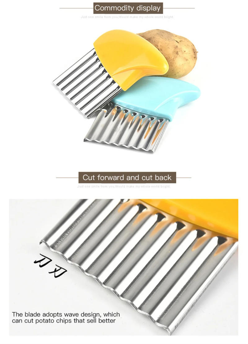 Description Picture 4 of itemStainless Steel Potato Chip Slicer Dough Vegetable Fruit Crinkle Wavy Kitchen Knife Cutter Chopper French Fry Maker Tools Gadget