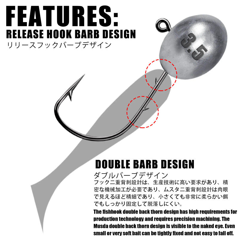 Description Picture 6 of itemJig Head Hook 3X Rockfish Ajing Fishing Hooks For Soft Worm Lure Bass Fish Pesca Goods 0.8-7g 5pcs/Bag Pike Trout Accessories