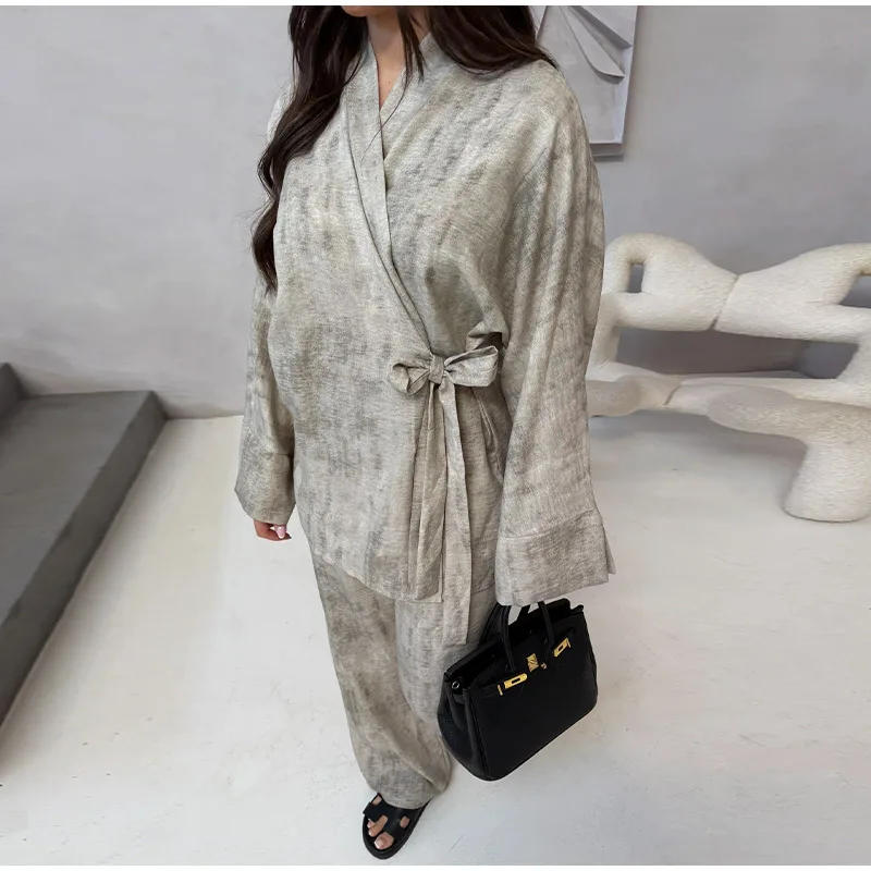 Description Picture 4 of itemCotton Linen Women's Set Elegant Lace Up Long Sleeve Top Straight Wide Leg Pants Sets 2025 Summer Print Lady Casual Trouser Suit