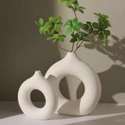 3 Sizes Imitation Ceramic Pure White Vase Decorative Single Branch Flower Arranging Ornament Donut Design Flowerpot Table Decor