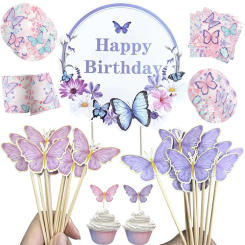 Purple&Pink Butterfly Cake Decorations Happy Birthday Cake Toppers Tableware Cups Baby Shower Wedding Birthday Party Decorations