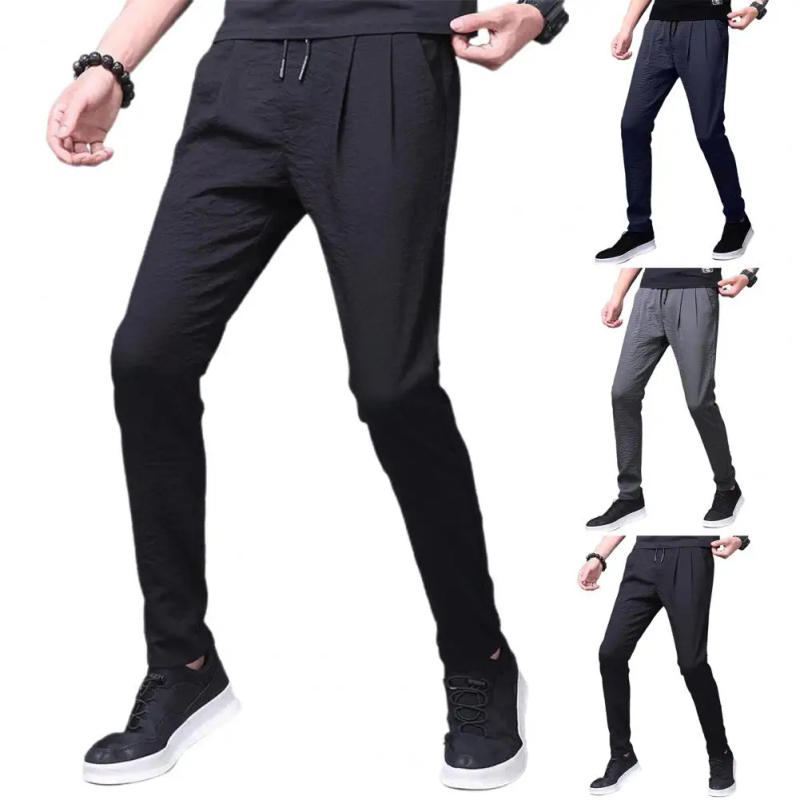 Description Picture 3 of itemCasual Men Trousers Cool Men Leggings Drawstring Mid-rise Straight Trousers All Match