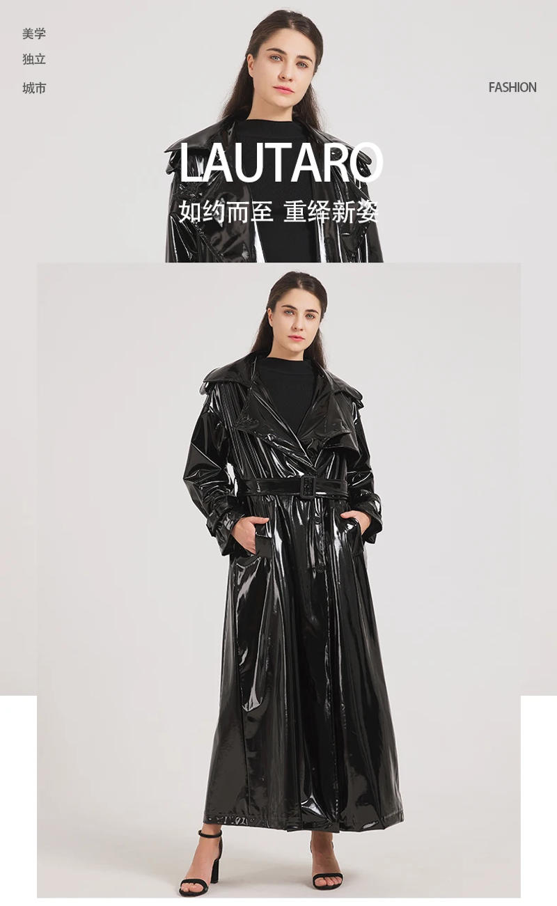 Description Picture 3 of itemLautaro Spring Autumn Extra Long Black Shiny Reflective Soft Stretchy Patent Leather Trench Coat for Women Maxi Overcoat 2024