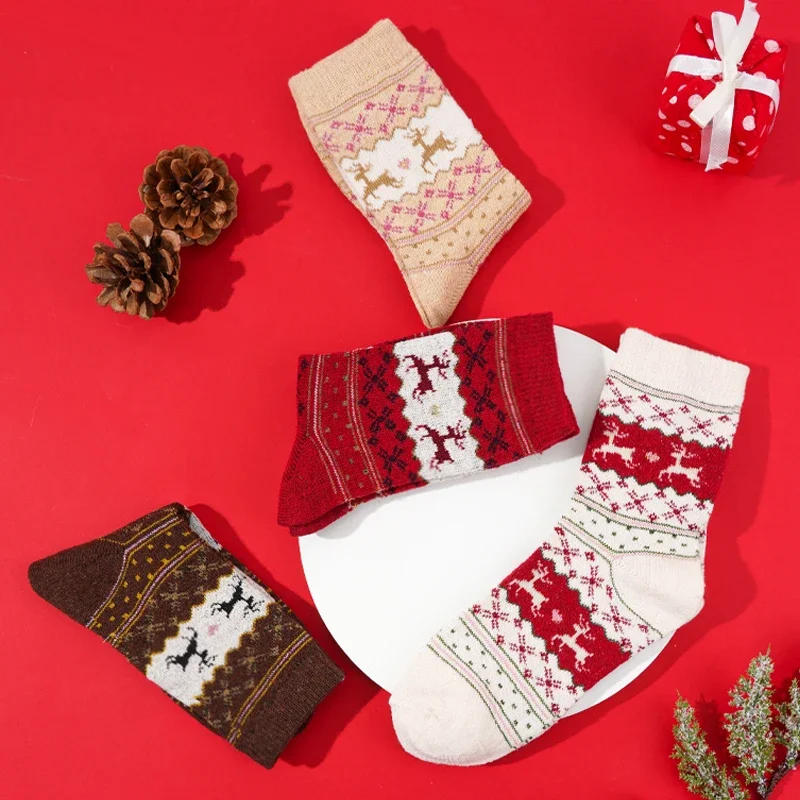 Description Picture 5 of item2Pairs Christmas Socks Women Winter Warm Angola Red Short Sock Comfort Soft Floor Slippers Non Grip Deer Sock Christmas Gift