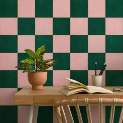 Checkerboard Wallpaper, Geometric Tiles Peel and Stick Wallpaper Roll For Living Room,Green Color,Non-Woven Paper