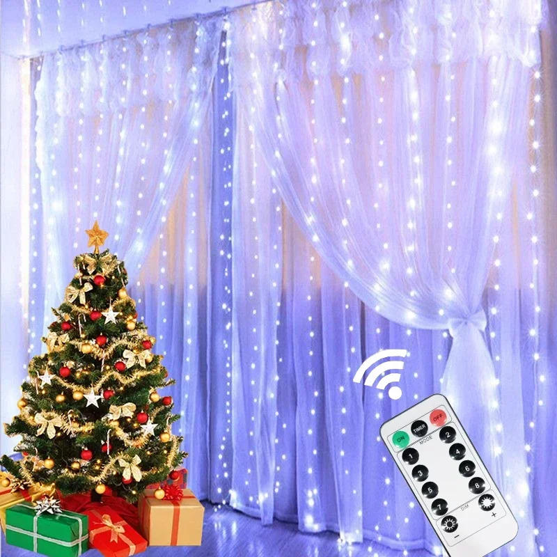 Description Picture 6 of item400 LED Curtain String Lights 8 Modes Remote Control Fairy Lights Christmas Decorations Wedding Holiday Party Bedroom Home Decor