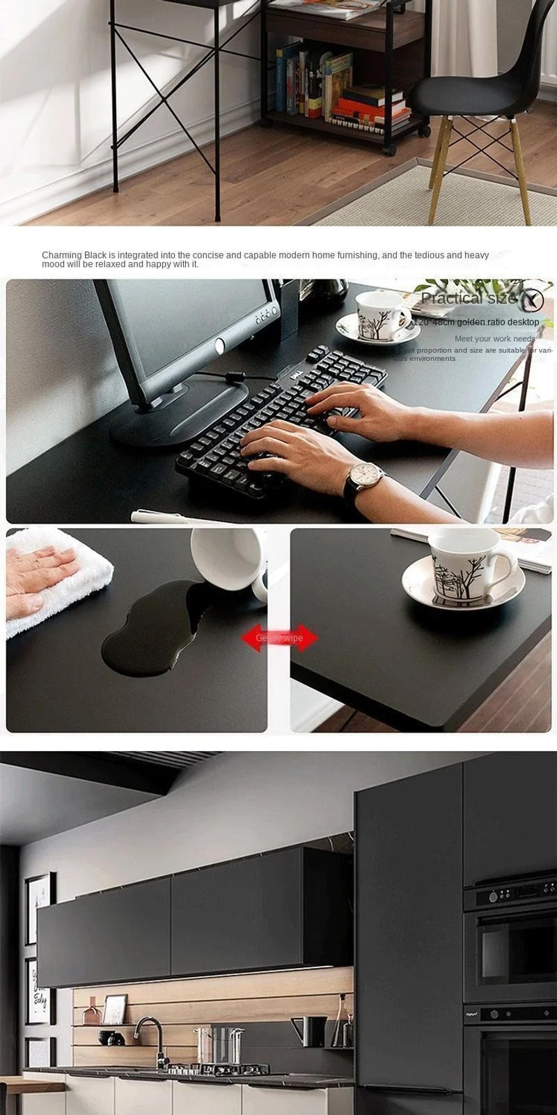 Description Picture 6 of itemMatte Black Waterproof Thick Vinyl Self Adhesive Wallpaper Muebles Renovation Oil Proof Kitchen Cabinets Armoire PVC Stickers