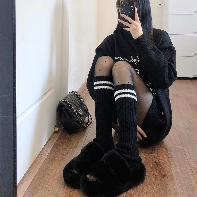 Description Picture 4 of item1/2pairs Cotton Knitting Leg Warmers Lolita Striped Calf Sox Long Socks Foot Cover Y2K Winter Crochet Heap Boot Cuffs Stockings