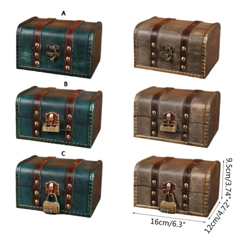 Description Picture 2 of itemStorage Case Wooden Retro Treasure Chest Antique Practical Jewelry Organizer Box With Buckle Lock Storage Box Props