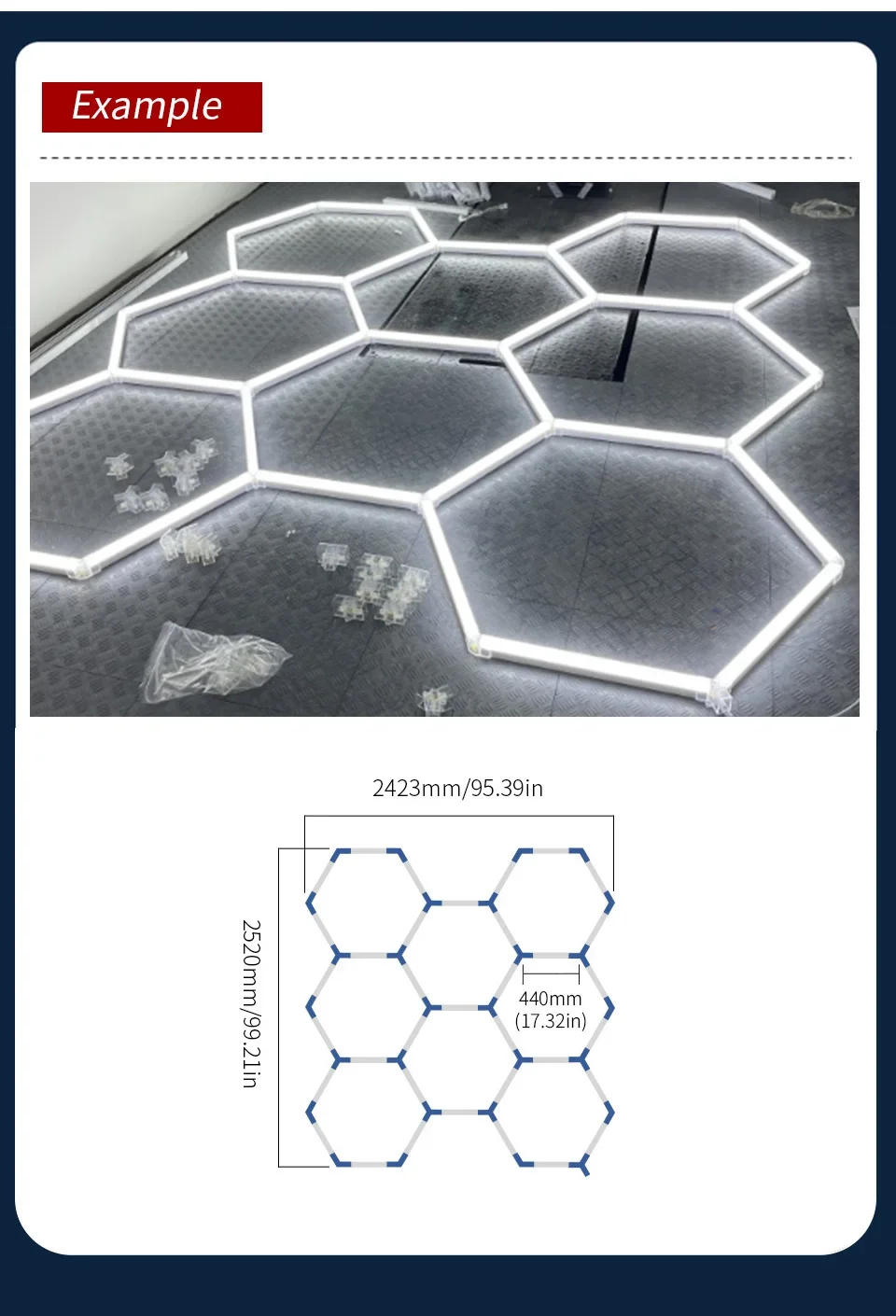Description Picture 6 of itemGarage Light Hexagon Light Lamp 440mm Led Tube Honeycomb AC85-265V Led Tube Lighting For Garge Office Workshop Studio Customized
