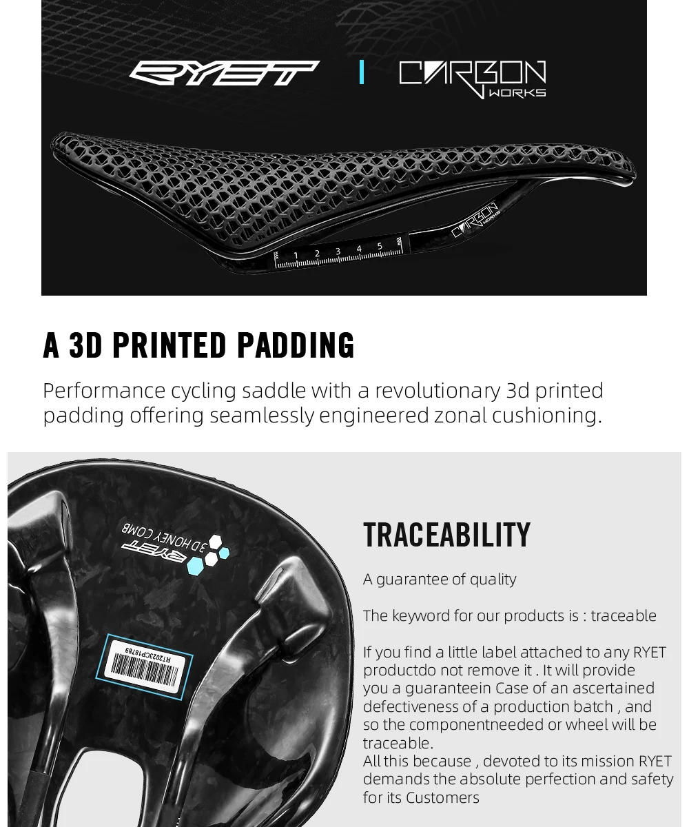 Description Picture 5 of itemRYET Bicycle Saddle Carbon 3D Printed / EVA Paded Saddle Honeycomb Ultralight MTB Road Bike Seat 7x9mm Oval Rail Bike Saddle