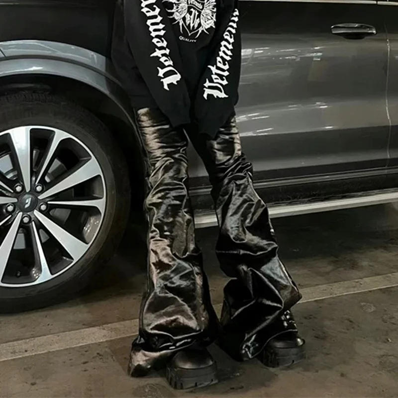 Description Picture 5 of itemHigh Street Wide Leg Glossy Pu Leather Pants Sashes Boot Cut Men and Wome Straight Baggy Casual Jeans Oversized Flared Trousers