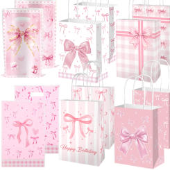 10/50pcs Pink Bow Themed Party Paper Gift Bag Candy Gift Bag Bridal Engagement Wedding Kids Birthday Baby Shower Party Supplies