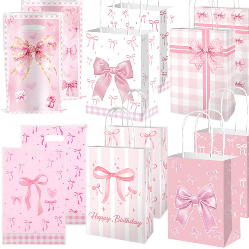 Description Picture 2 of item10/50pcs Pink Bow Themed Party Paper Gift Bag Candy Gift Bag Bridal Engagement Wedding Kids Birthday Baby Shower Party Supplies