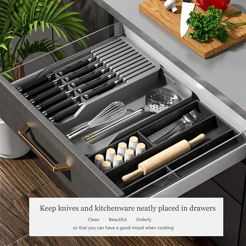 Description Picture 4 of itemKnife Block Holder with Expandable Organizer Storage Tray for Kitchen Countertop Retractable Knife Organizer Drawer Insert
