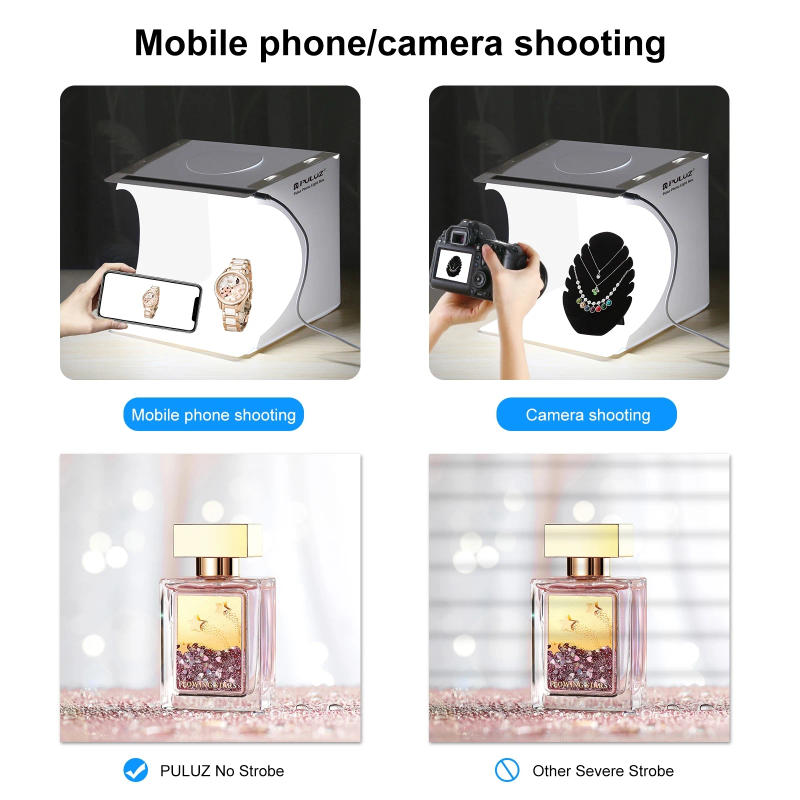 Description Picture 6 of itemPULUZ 20cm Folding Portable 550LM Light Photo Lighting Studio Shooting Tent Box Kit with 2 Colors Backdrops (Black, White), Unfo