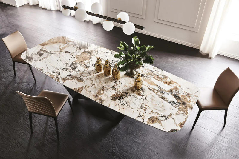Description Picture 6 of itemDesigner Kitchen Table Nature Stone Texture Black Finish Iron Apartment Home Villa Furniture Modern Marble Table For Dining Room