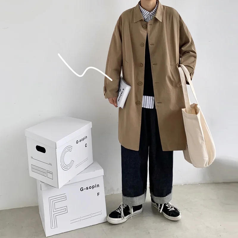 Description Picture 3 of itemMen's Wear 2022 Autumn Fashion New Single Breasted Trench Clothes Male Long Coat Loose Overcoat Trend Handsome Casual Windbreak