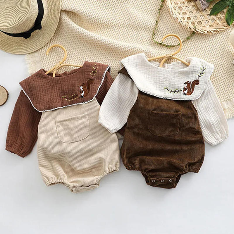 Description Picture 4 of itemInfant Baby Girls Clothes Suit Long Sleeved Cotton Embroidered Shirt+Corduroy Jumpsuit Spring Autumn Children Clothing Suit