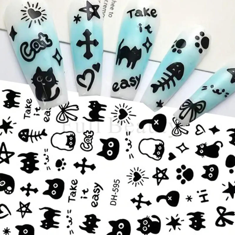 Description Picture 5 of itemLovely Black Cat Stickers For Nails Cartoon Childlike Graffiti Animals Kawaii Heart Star Bowknot Nail Art Decals Manicure Decor