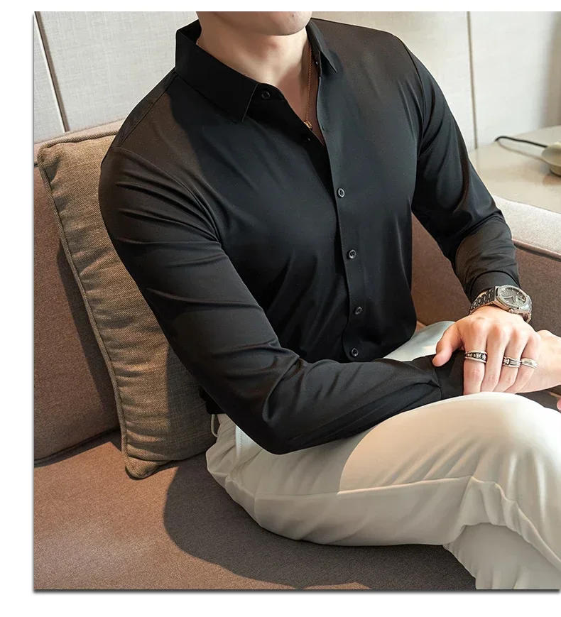 Description Picture 5 of item2023 New High Quality No Trace Ice Silk Long Sleeve Elastic Shirts Men Formal Business Slim Fit Solid Casual Shirt Tuxedo 4XL-M