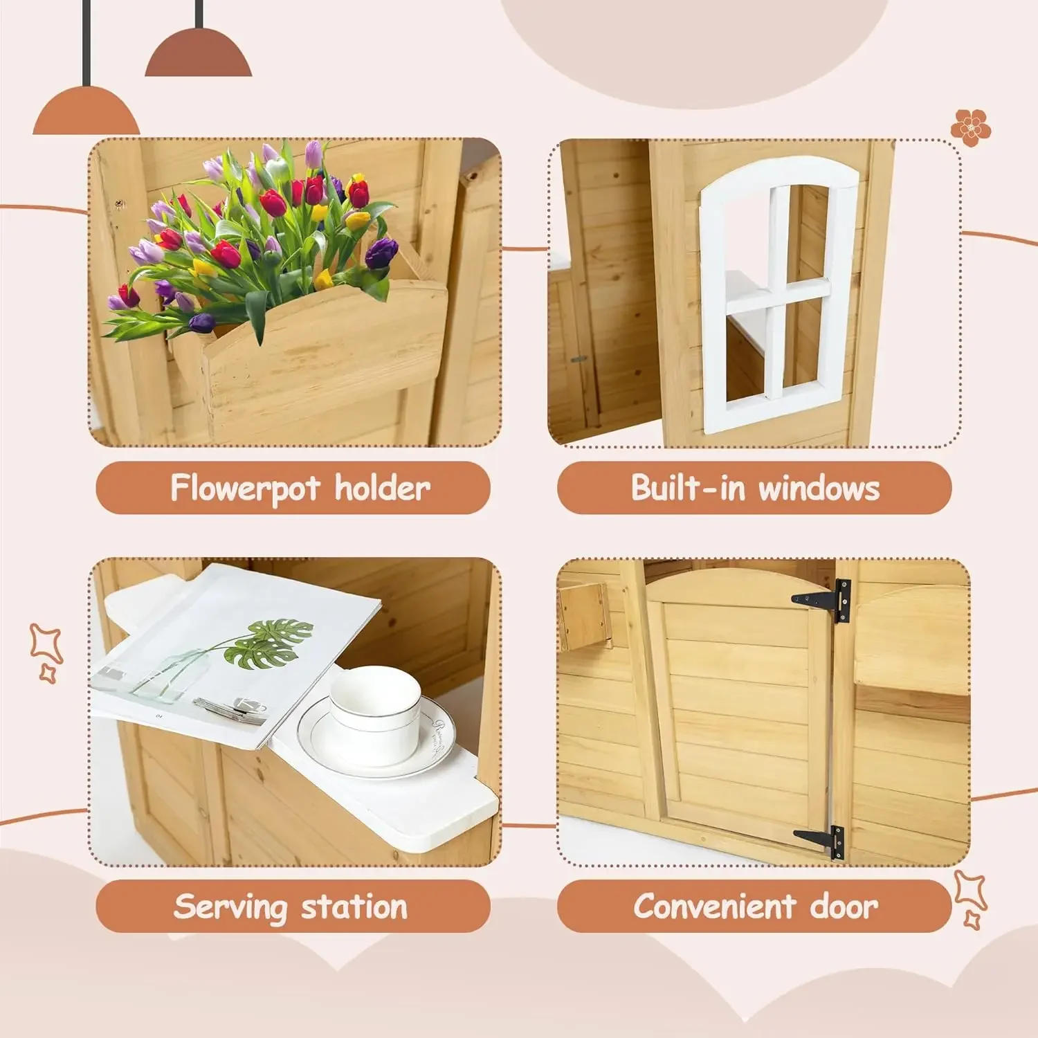 Description Picture 6 of itemWooden Playhouse for Kids Outdoor,Kids Playhouse with Working Door, Windows, Mailbox,Flowers Pot Holder & Serving Station,