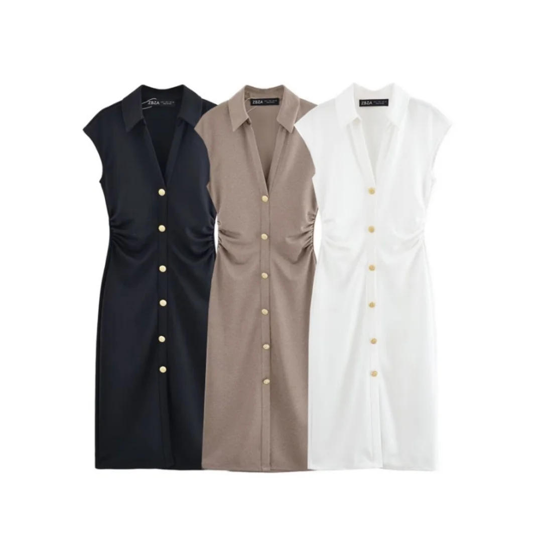 Description Picture 3 of itemTRAF Dress for Women Fashion Summer New Fold Sleeveless V-neck Single Breasted Midi Dresses French Chic Female Evening Clothing