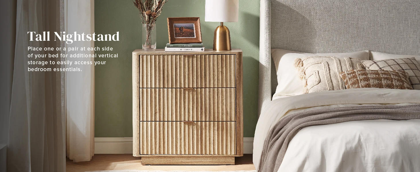 Description Picture 6 of itemBrooklyn 3 Drawer Dresser for Bedroom, Mid Century Modern Chest of Drawers, Wood Tall Nightstand, Waveform Fluted Side Table