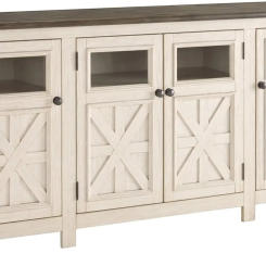 Signature Design by Ashley Bolanburg Two Tone Farmhouse TV Stand, Fits TVs up to 72", 3 Cabinets and Adjustable Storage Shelves,