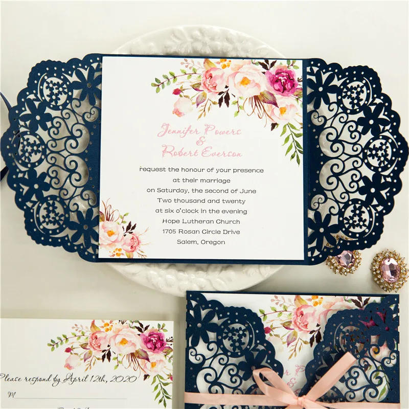 Description Picture 4 of item50 Pieces Laser Cut Floral Navy Wedding Invitation Card, Personalized Print Quinceanera Pearly Invitations With RSVP Card IC146