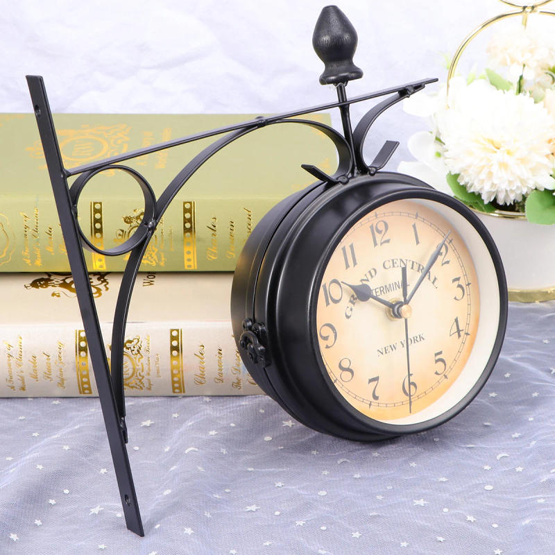 Description Picture 6 of itemDouble Sided Train Station Waterproof Wall Clock Retro Wrought Iron Wall Clock Garden Silent Wall Clock timer Decoration