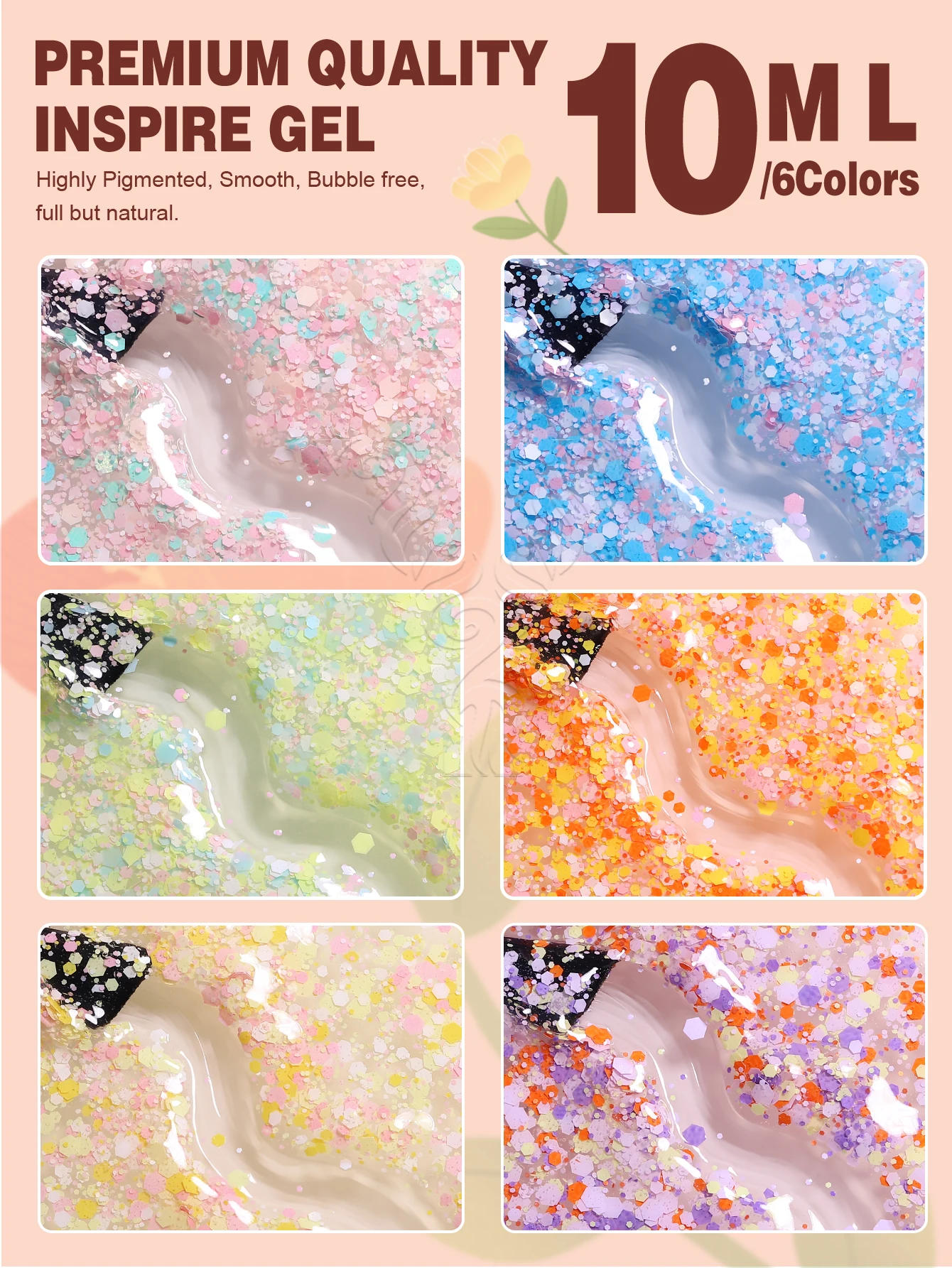 Description Picture 3 of itemYOKEFELLOW Glitter Gel Nail Polish 6PCS/Set Spring Colorful Nail Art Varnish Semi Permanent Soak Off UV Gel For Nails Art Diy