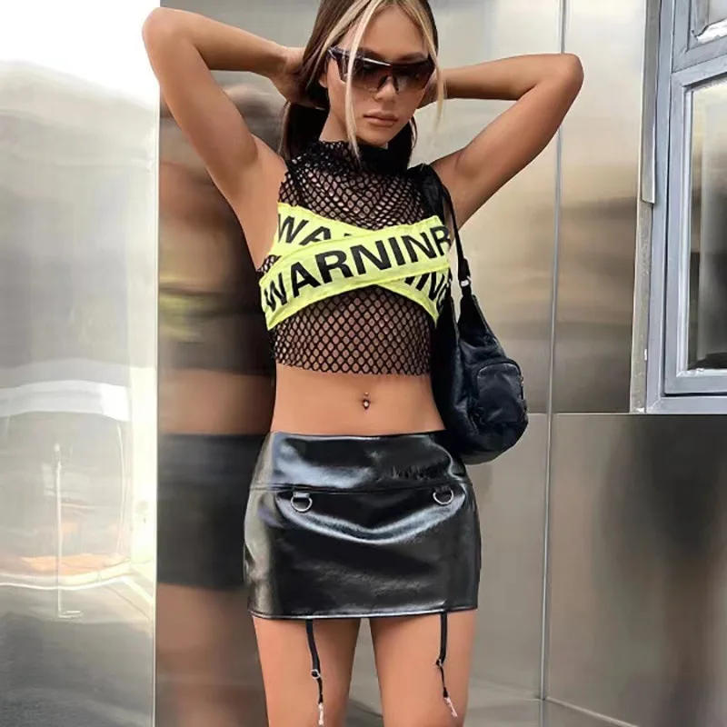 Description Picture 4 of item2024 Women Vest Summer Outwear Mesh Perforated Hollow Out Top Street Fashion Letter Contrast Spicy Girl Tank Top Female